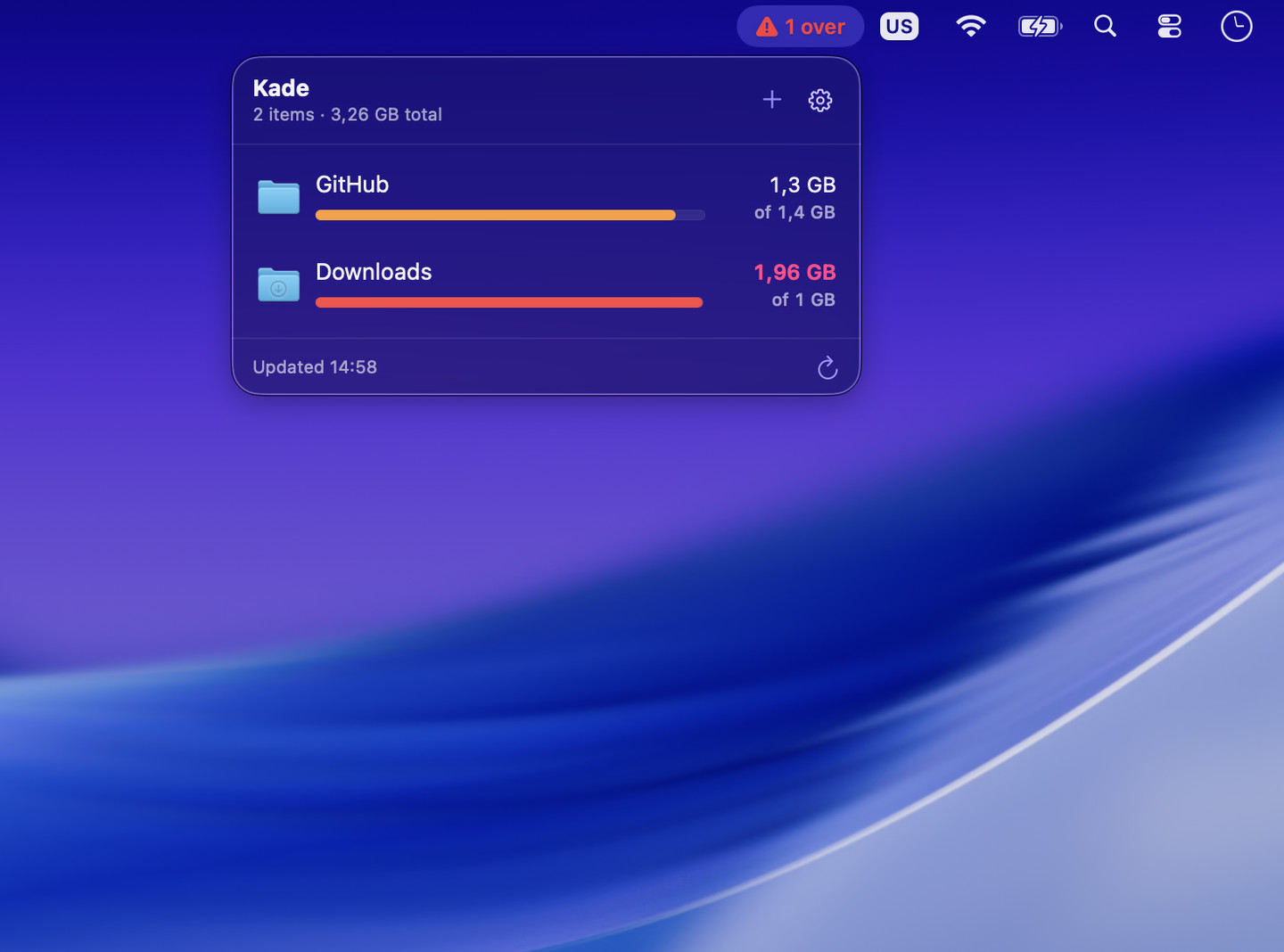 The Kade popover in dark mode with the same two folders listed.