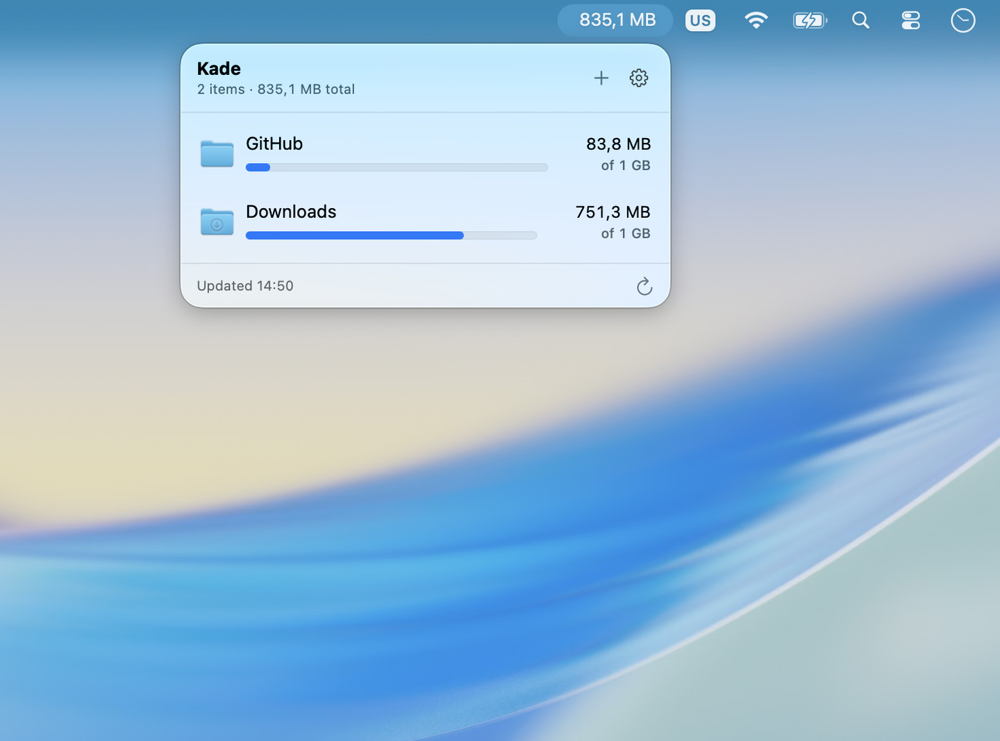 Kade's popover listing GitHub at 83,8 MB and Downloads at 751,3 MB, both under a 1 GB limit.
