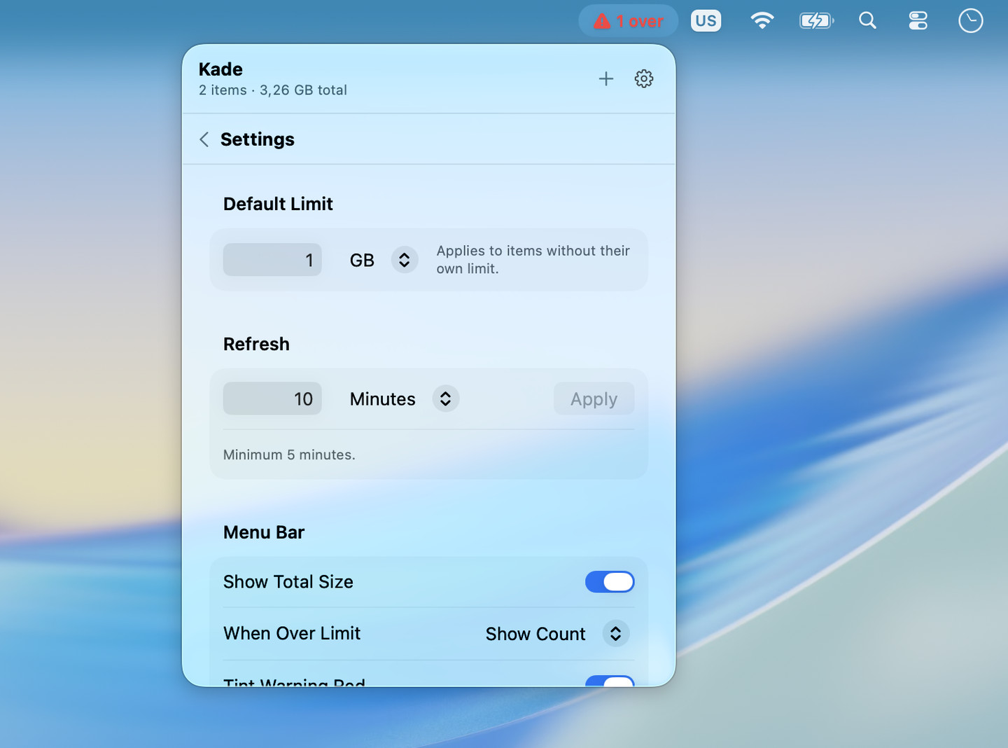 Kade's settings pane with Default Limit, Refresh interval, and menu bar options.