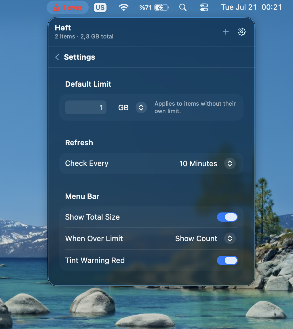 A folder over its size limit with a red bar and a warning in the menu bar