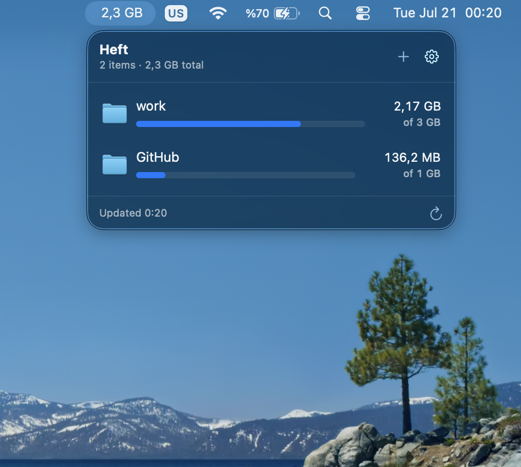 Heft popover listing tracked folders with size bars and totals