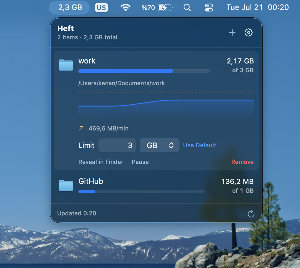 Size history chart and growth rate for a tracked folder